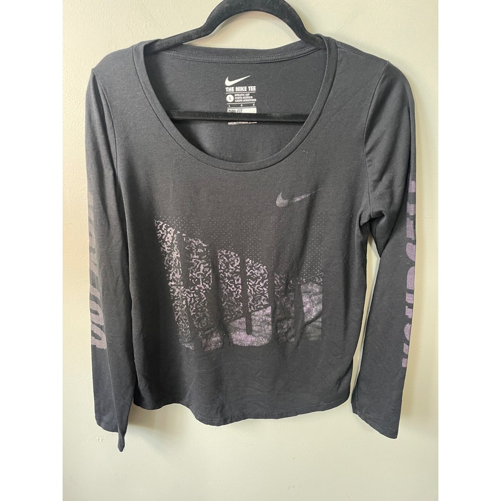 Nike Dri-FIT Womens Long Sleeve Running Shirt Black Purple Graphic Large L